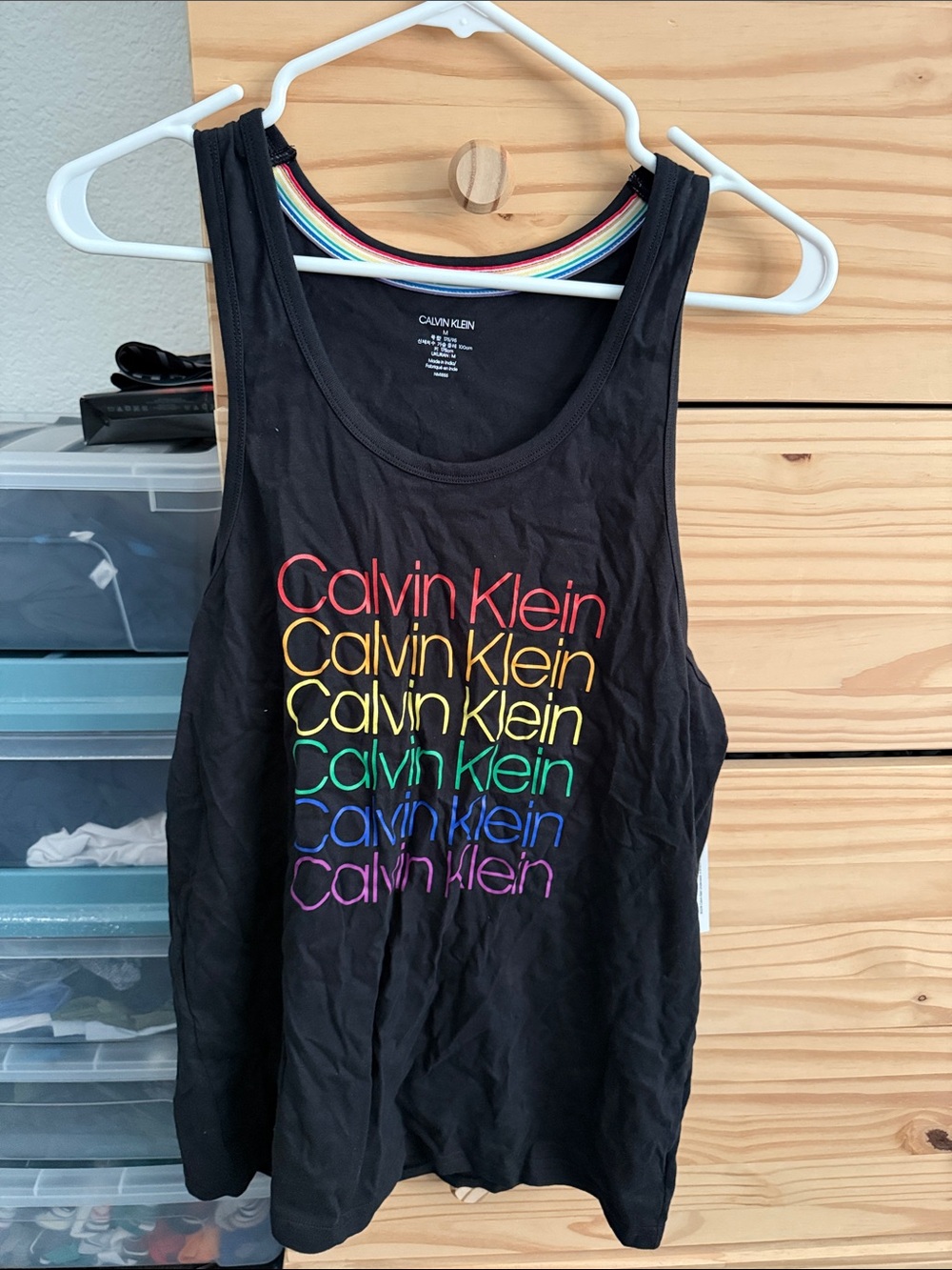 Calvin Klein Black Tank with pride Rainbow Stacked Logo